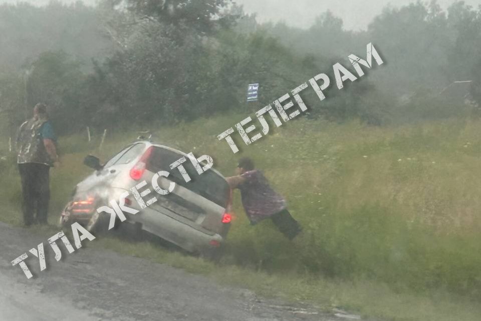 Пользователей соцсетей удивило фото из Тулы, на котором человек держит машину, чтобы та не перевернулась в кювет