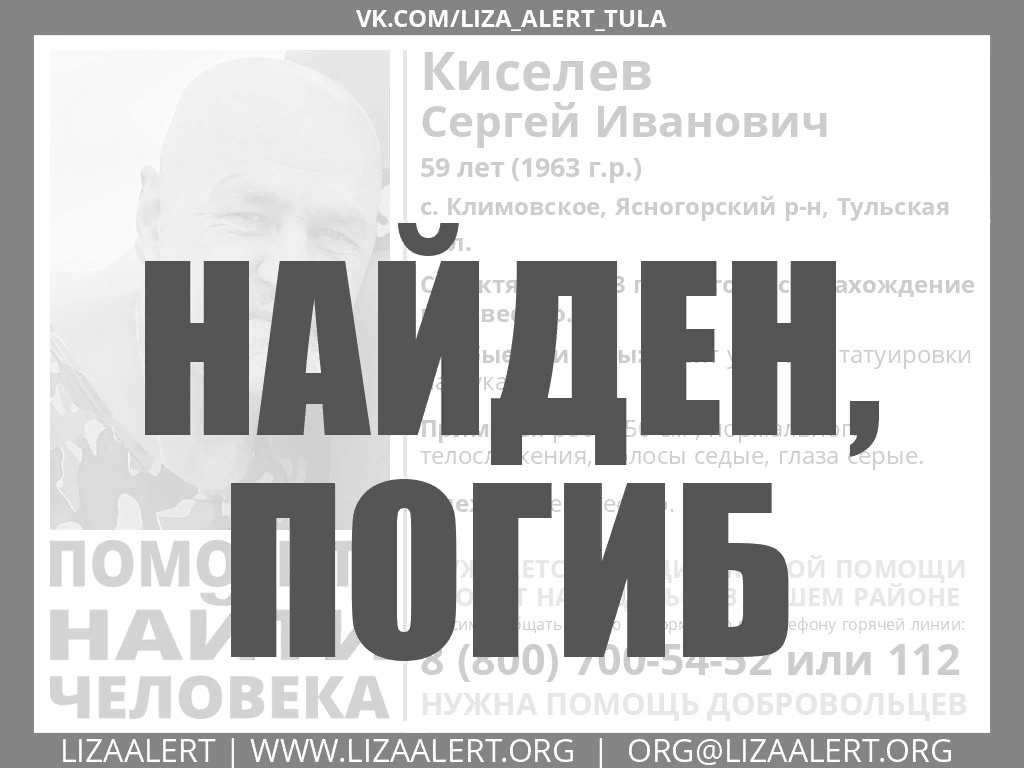 Пропавший в Ясногорском районе 59-летний мужчина найден погибшим