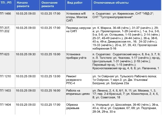 Стало известно, где в Туле не будет электричества 10 марта