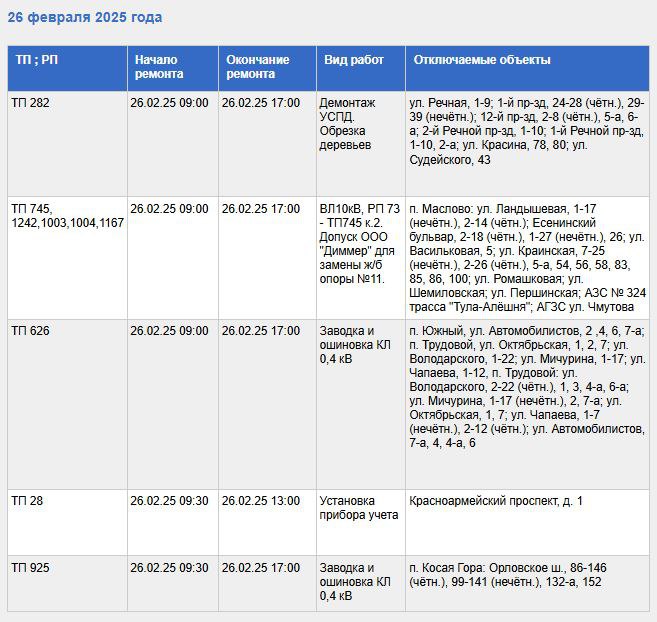 Где в Туле отключат электричество 26 февраля: список адресов
