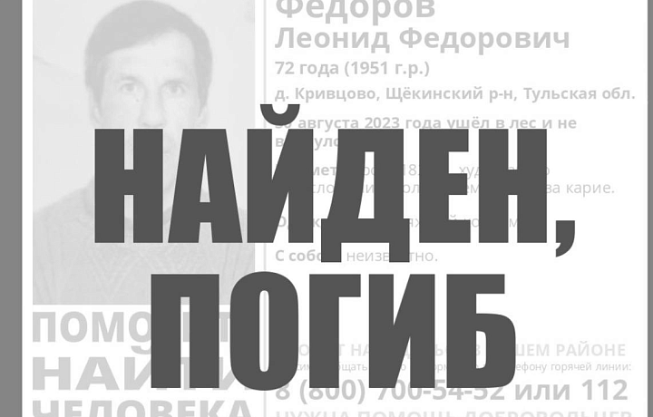 Пропавший в Щекинском районе 72-летний пенсионер найден погибшим