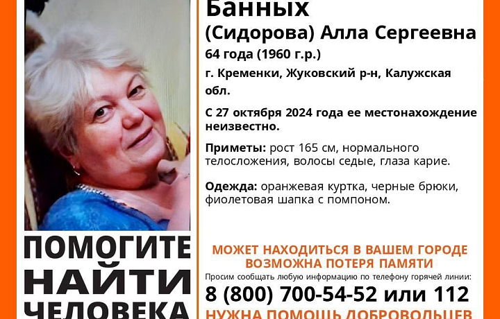 Пропавшая под Калугой 64-летняя женщина может находиться в Тульской области